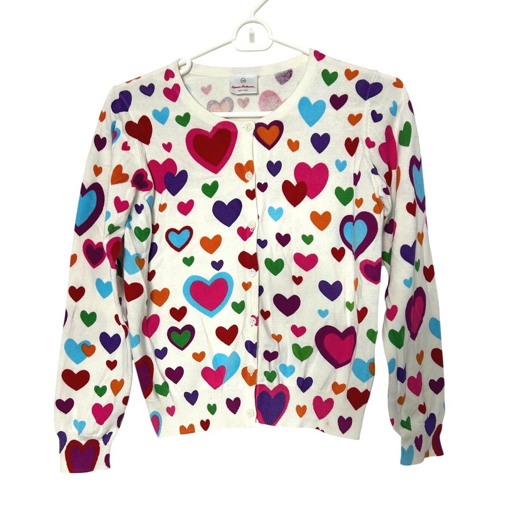 Hanna Andersson Cardigan Girl 150 White Heart Print Cotton Knit Sweater Lovecore